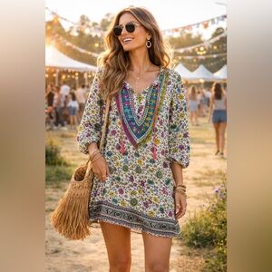 NLW Boho Floral Mini Dress Tunic Small Colorful Peasant Festival Tassel Beachy